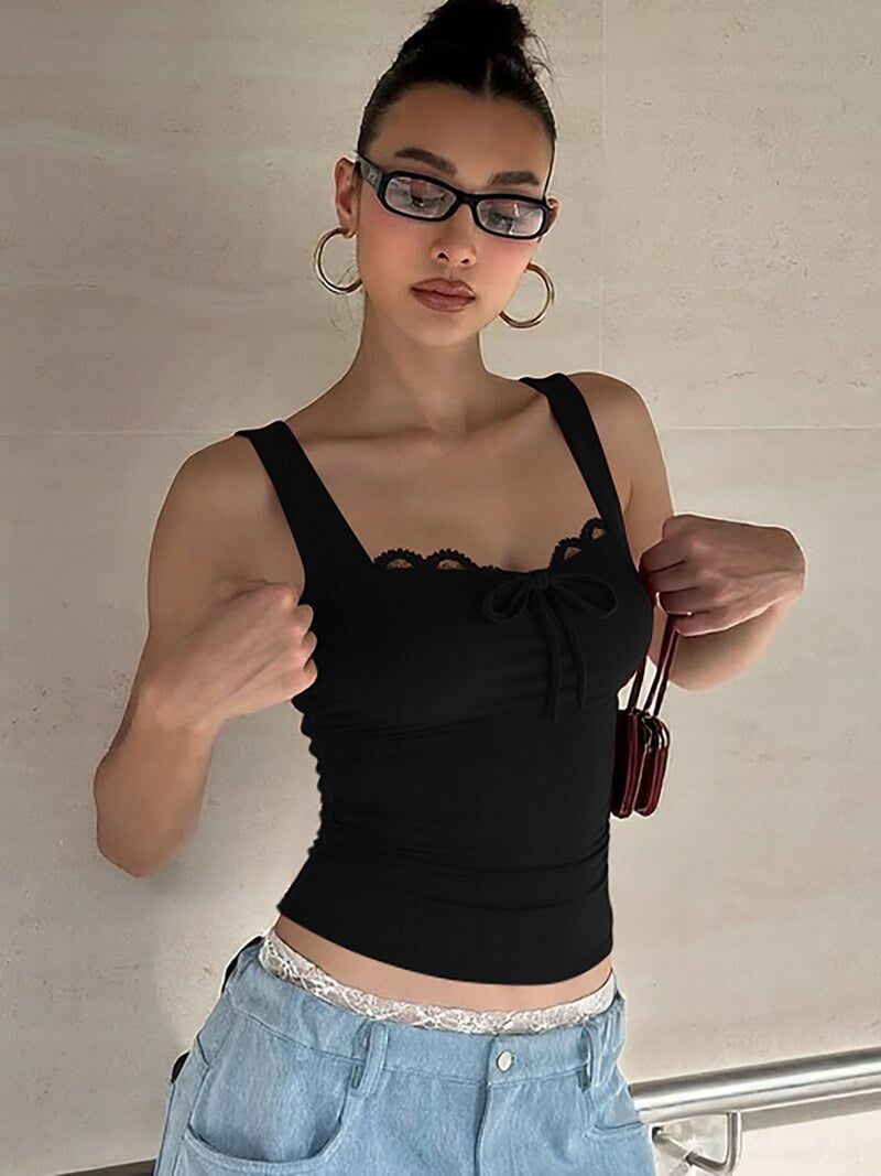 NURO Women's Lace-Up Bow Detail Sleeveless Crop Top, Slim Fit Camisole with Wide Straps