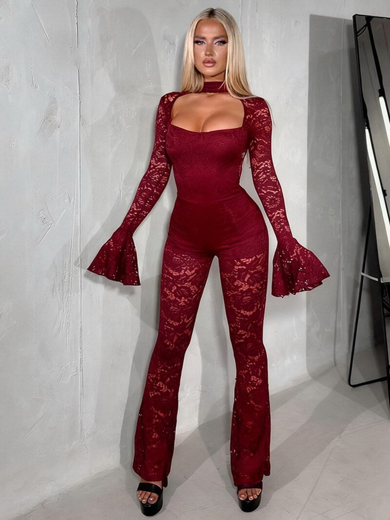 NURO Women's Lace-Up Front High-Waist Flare Sleeve Jumpsuit