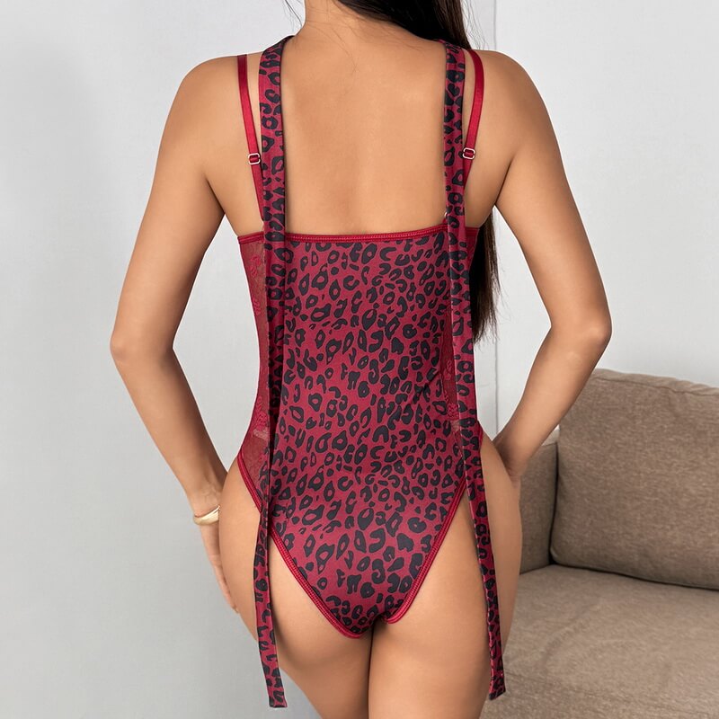NURO Women's Lace-Up Front Leopard Print Lace Bodysuit