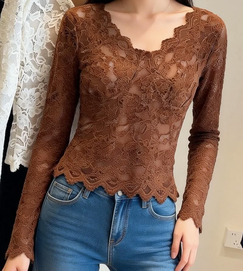 NURO Women's Lace-Up Long Sleeve Top – Fleece Lined V-Neck Casual Shirt