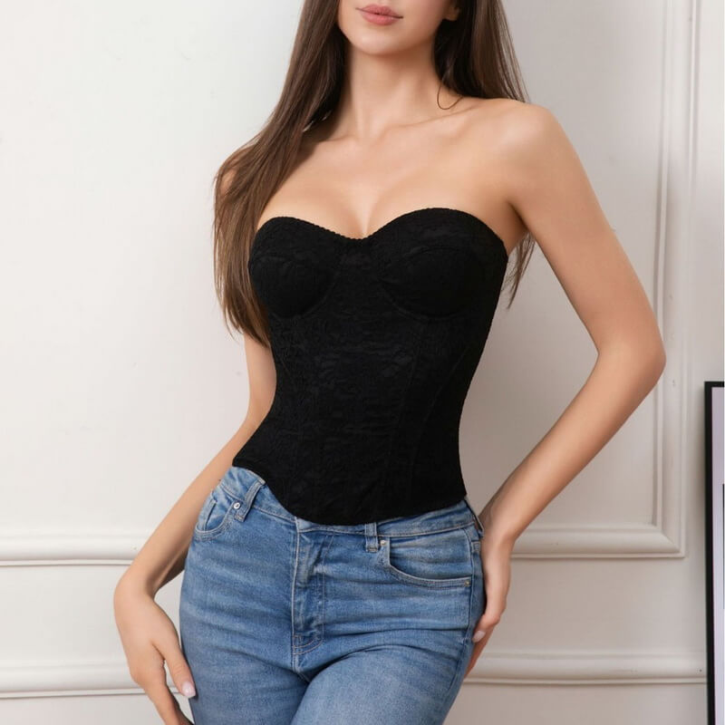 NURO Women's Lace Boned Corset Bustier Top - Waist Trainer Shapewear with Padded Cups & Detachable Straps