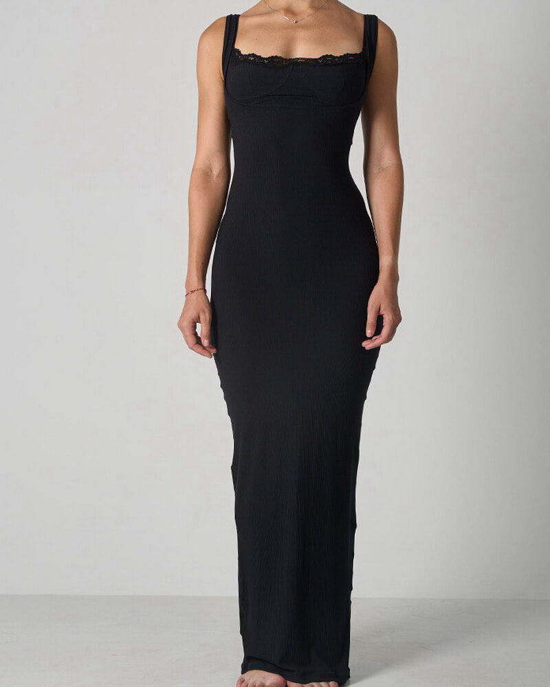 NURO Women's Lace Bralette & Maxi Dress Set, Mock Two-Piece Long Slip Gown