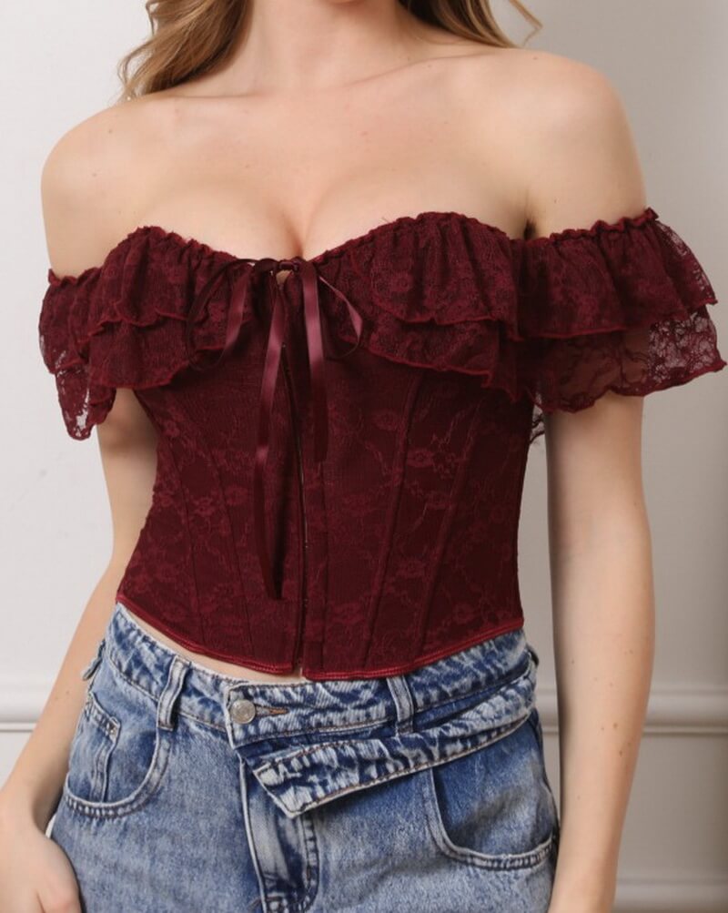 NURO Women's Lace Corset Bustier Top – Off-Shoulder Slimming Shapewear with Boning