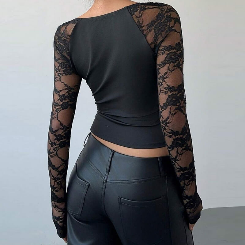 NURO Women's Lace Long Sleeve Crop Top - Sheer, Bow Detail, Bodycon Fit, Sexy Blouse