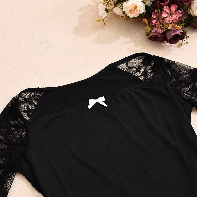 NURO Women's Lace Long Sleeve Crop Top - Sheer, Bow Detail, Bodycon Fit, Sexy Blouse