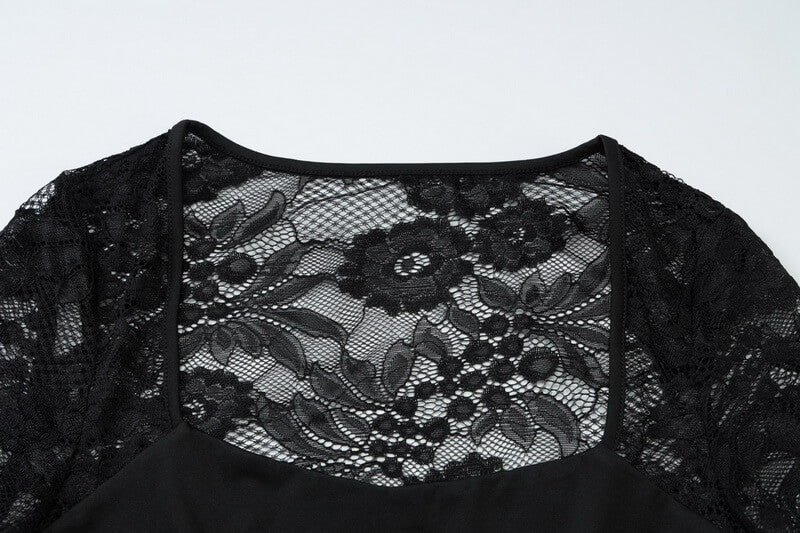 NURO Women's Lace Mesh Long Sleeve Crop Top, Sexy Hollow-Out Square Neck Shirt