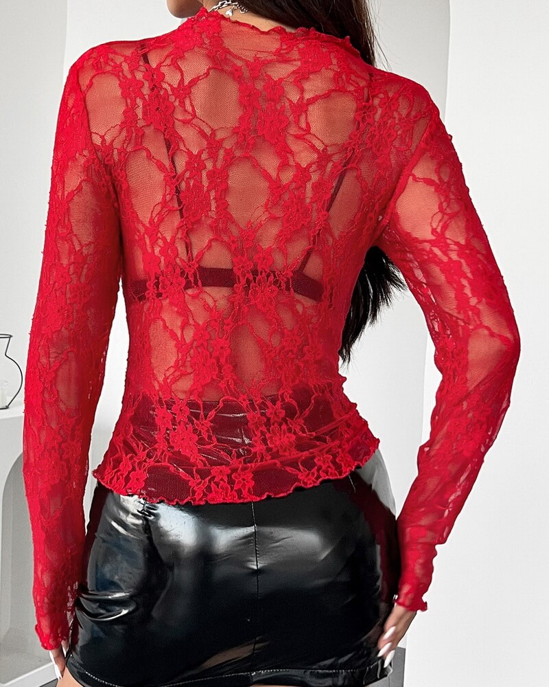 NURO Women's Lace Ruffle Trim Stand Collar Slim-Fit Long Sleeve Top