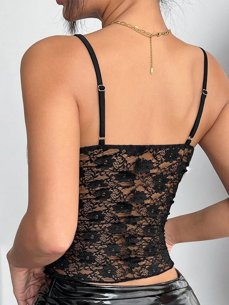 NURO Women's Lace Sequin Camisole Top - Strappy, Crisscross Front, Adjustable Tie, Bodycon Fit