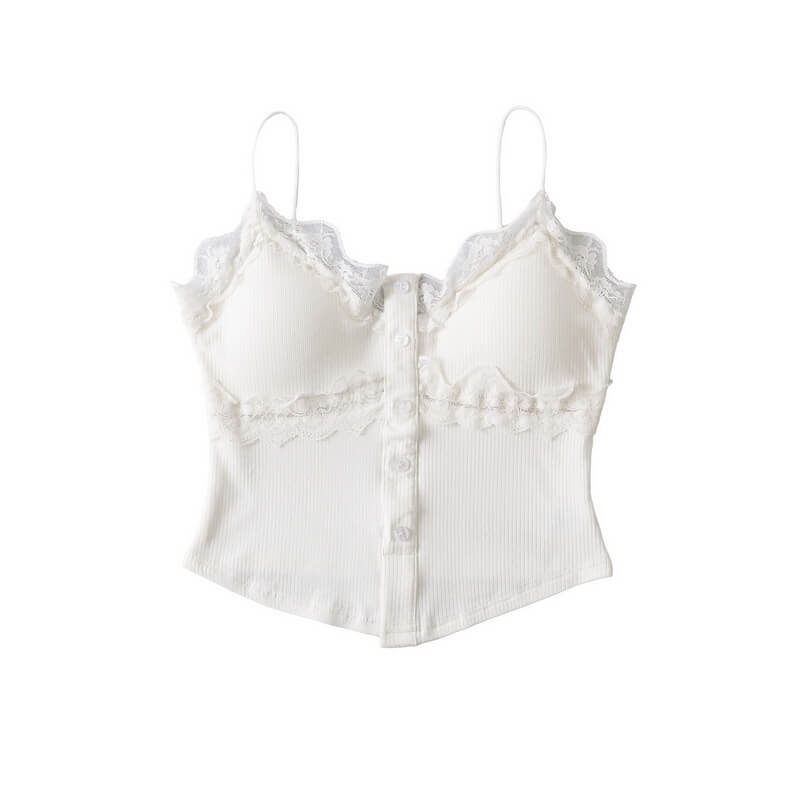NURO Women's Lace Trim Button Front Top, Built-in Bra Sleeveless Cami