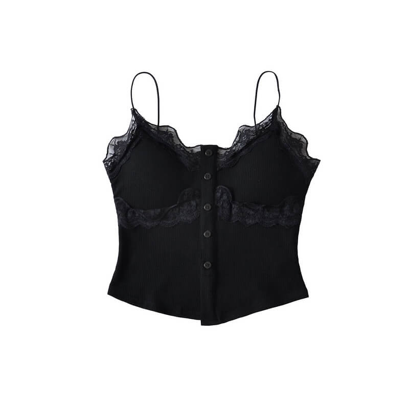 NURO Women's Lace Trim Button Front Top, Built-in Bra Sleeveless Cami
