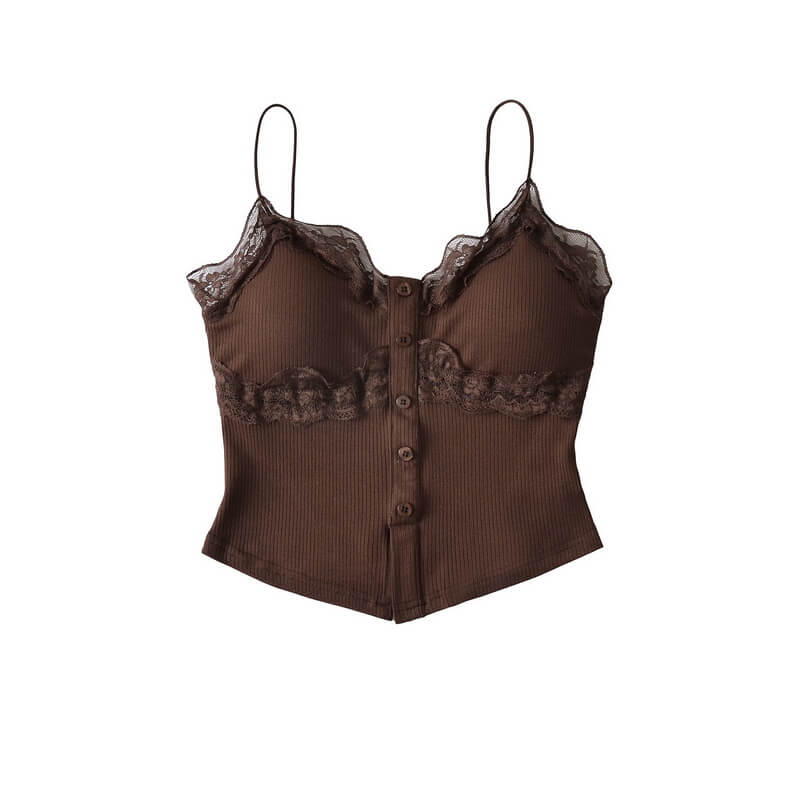 NURO Women's Lace Trim Button Front Top, Built-in Bra Sleeveless Cami