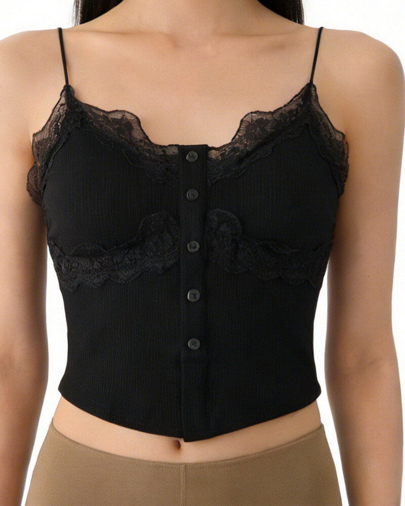 NURO Women's Lace Trim Button Front Top, Built-in Bra Sleeveless Cami