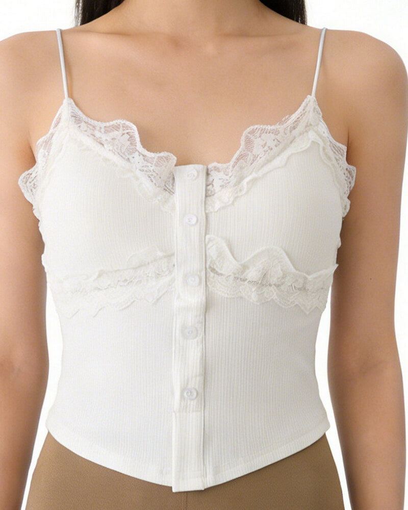 NURO Women's Lace Trim Button Front Top, Built-in Bra Sleeveless Cami