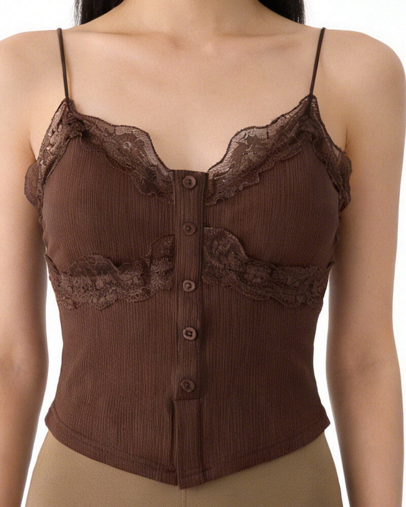 NURO Women's Lace Trim Button Front Top, Built-in Bra Sleeveless Cami