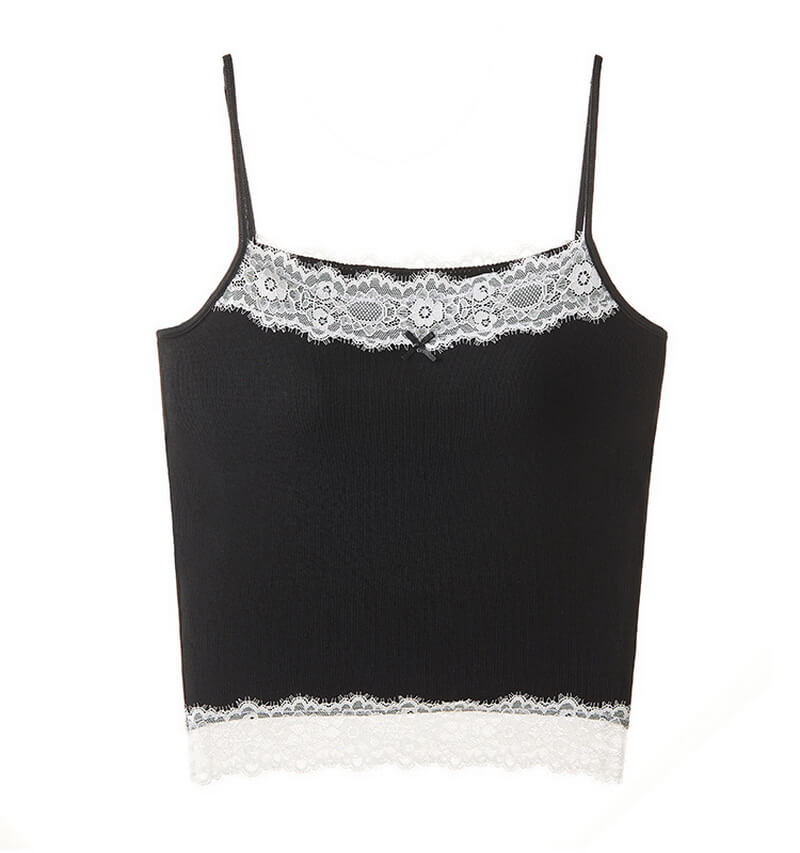 NURO Women's Lace Trim Cotton Cami Top, Built-In Bra and Adjustable Straps