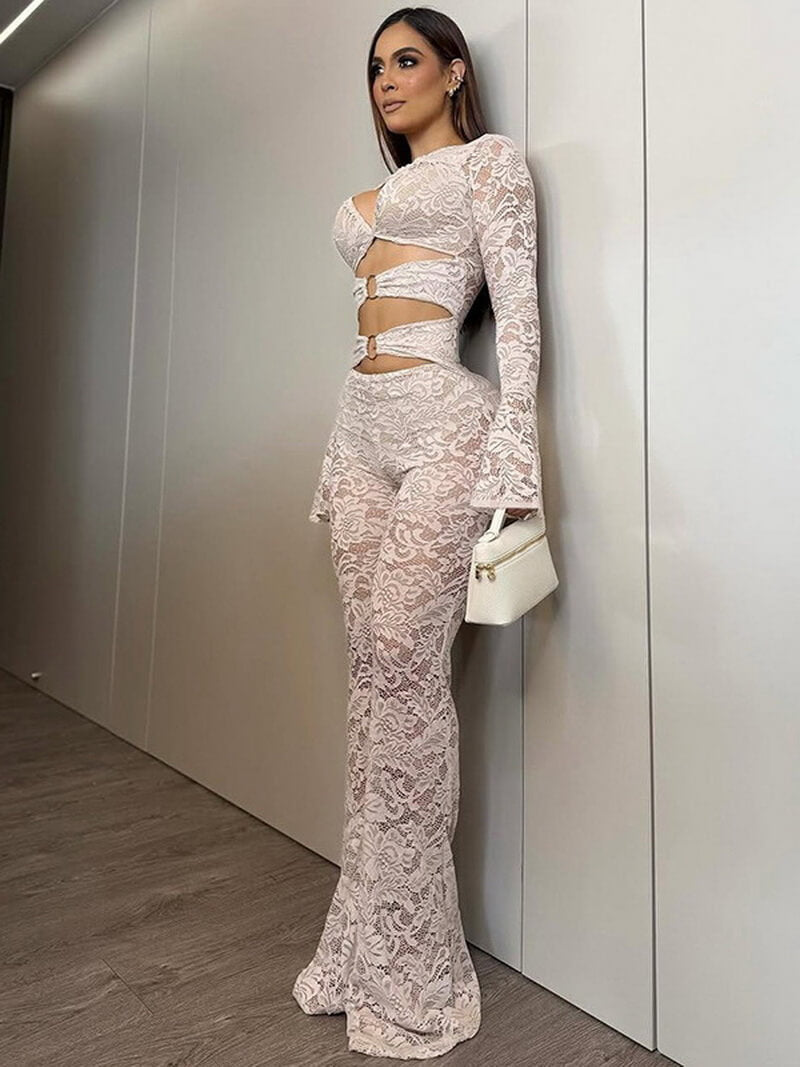 NURO Women's Lace Trim Long Sleeve Top & Straight Leg Pants 2-Piece Set