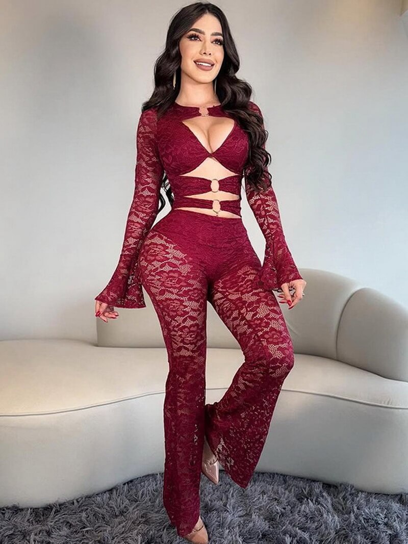 NURO Women's Lace Trim Long Sleeve Top & Straight Leg Pants 2-Piece Set