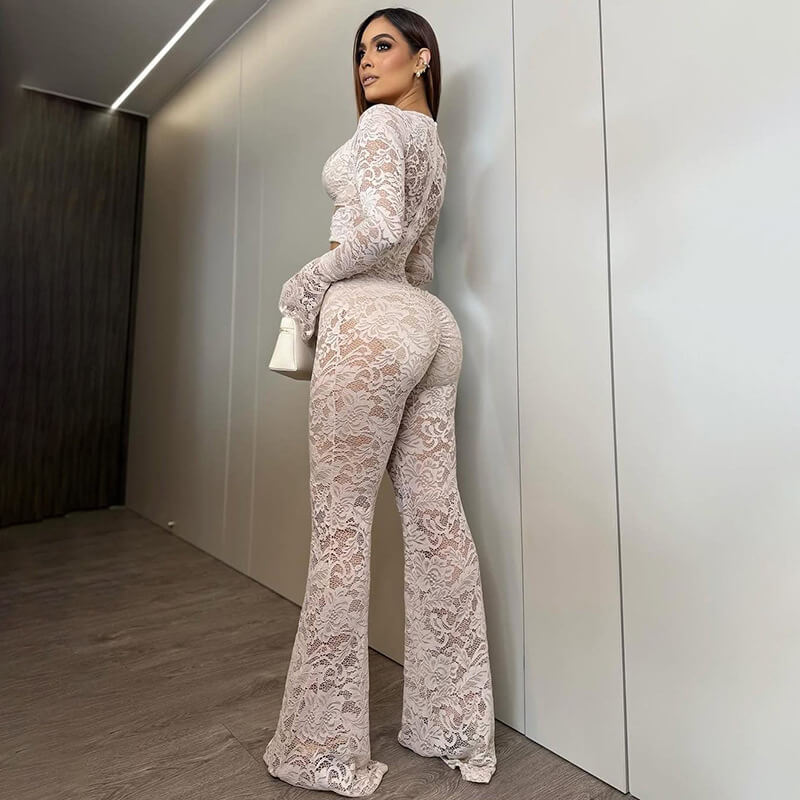 NURO Women's Lace Trim Long Sleeve Top & Straight Leg Pants 2-Piece Set