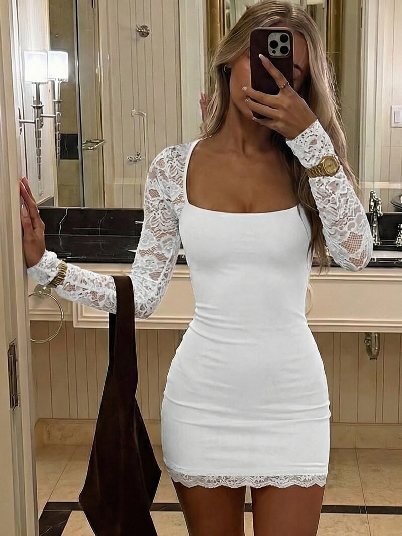 NURO Women's Lace Trim Milk Silk Bodycon Dress, Sexy Square Neck Long Sleeve Midi Dress for Winter