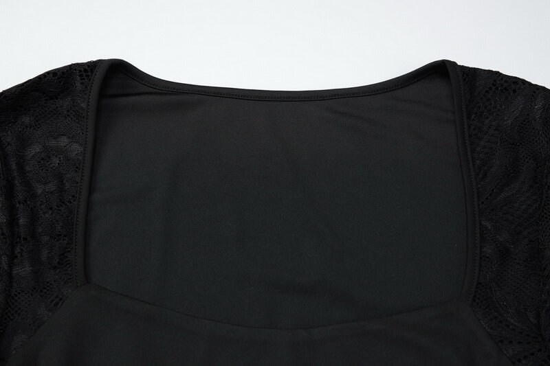 NURO Women's Lace Trim Milk Silk Bodycon Dress, Sexy Square Neck Long Sleeve Midi Dress for Winter