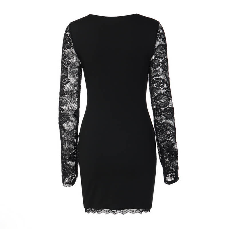 NURO Women's Lace Trim Milk Silk Bodycon Dress, Sexy Square Neck Long Sleeve Midi Dress for Winter