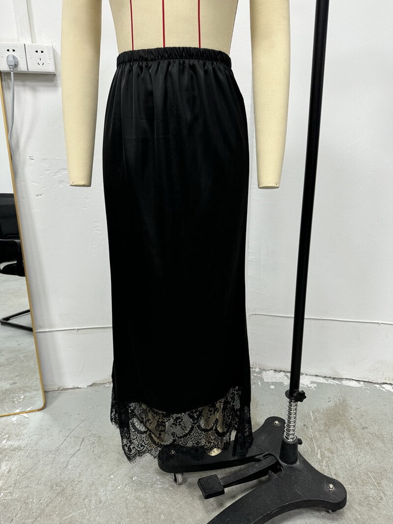 NURO Women's Lace Trim Satin Maxi Skirt, A-Line Elegant Evening Skirt