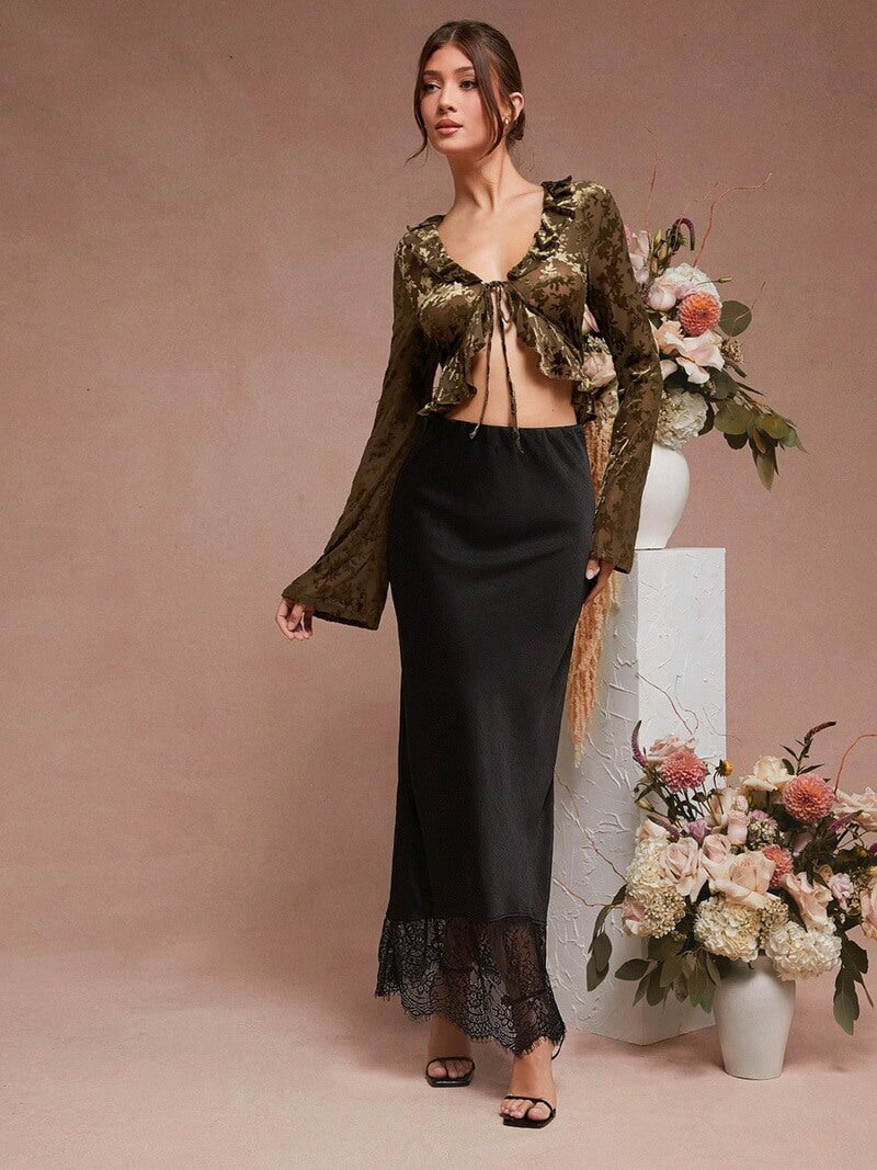 NURO Women's Lace Trim Satin Maxi Skirt, A-Line Elegant Evening Skirt