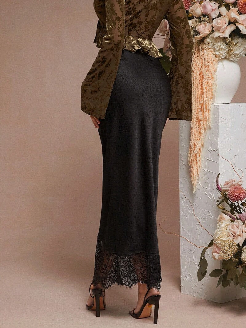 NURO Women's Lace Trim Satin Maxi Skirt, A-Line Elegant Evening Skirt