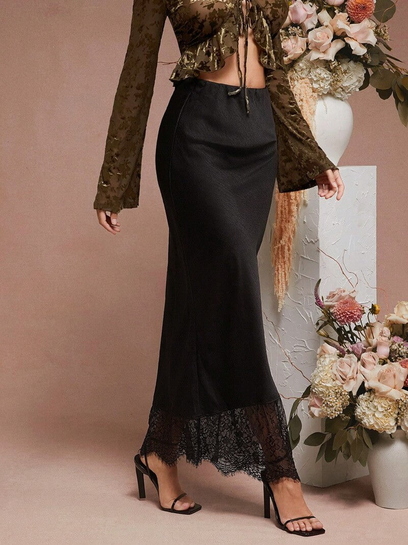 NURO Women's Lace Trim Satin Maxi Skirt, A-Line Elegant Evening Skirt