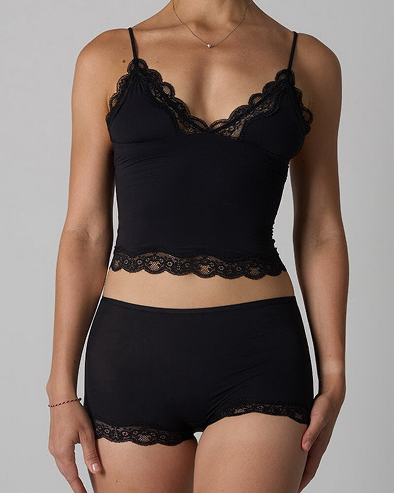 NURO Women's Lace Trim Sleepwear Set, V-Neck Camisole and Shorts Pajamas