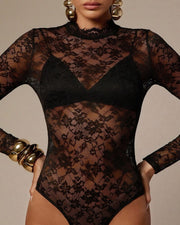 NURO Women's Lace Trim Stand Collar Long Sleeve Bodysuit