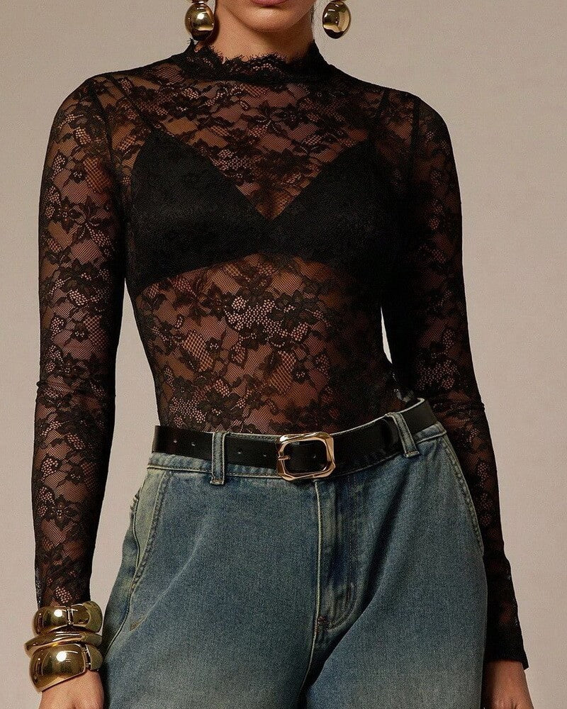 NURO Women's Lace Trim Stand Collar Long Sleeve Bodysuit