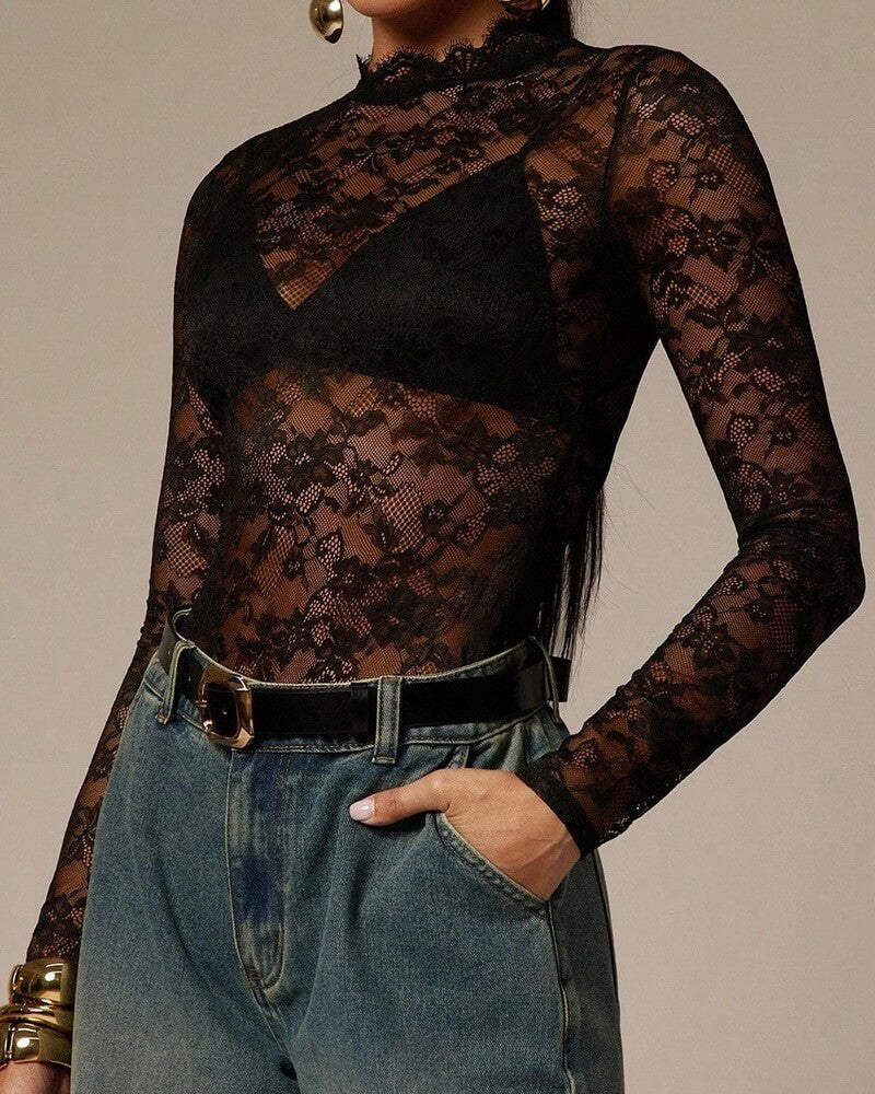 NURO Women's Lace Trim Stand Collar Long Sleeve Bodysuit