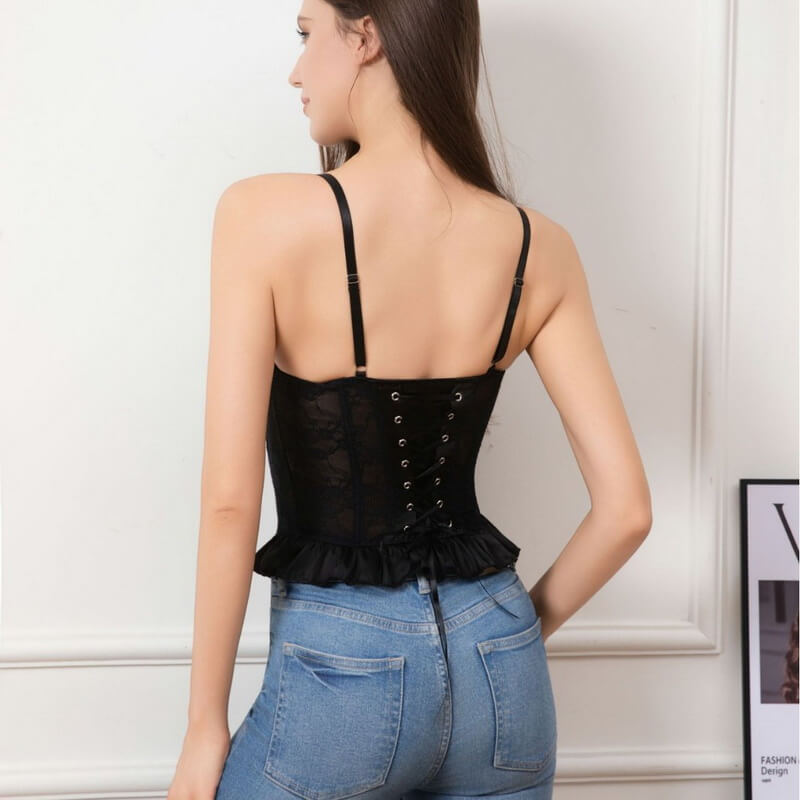 NURO Women's Lace Underwire Bustier Top - Double Layer Sheer Mesh Boned Corset Crop