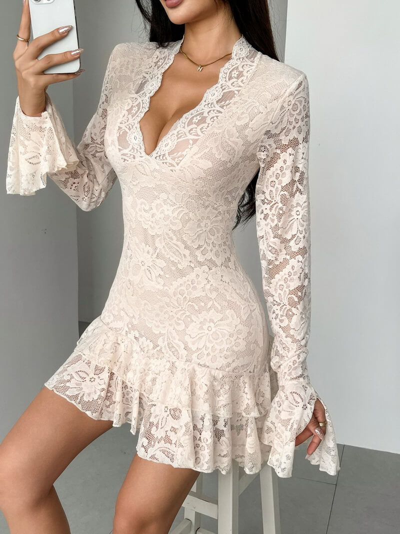 NURO Women's Lace V-Neck Double Ruffle Hem Bodycon Mini Dress