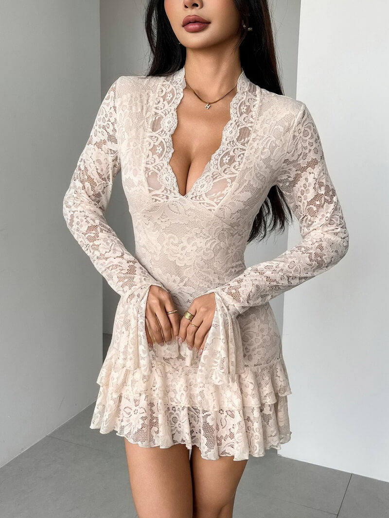 NURO Women's Lace V-Neck Double Ruffle Hem Bodycon Mini Dress