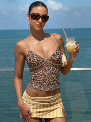 NURO Women's Leopard Print Backless Sleeveless Cami Top, Sexy V-Neck Crop Bralette