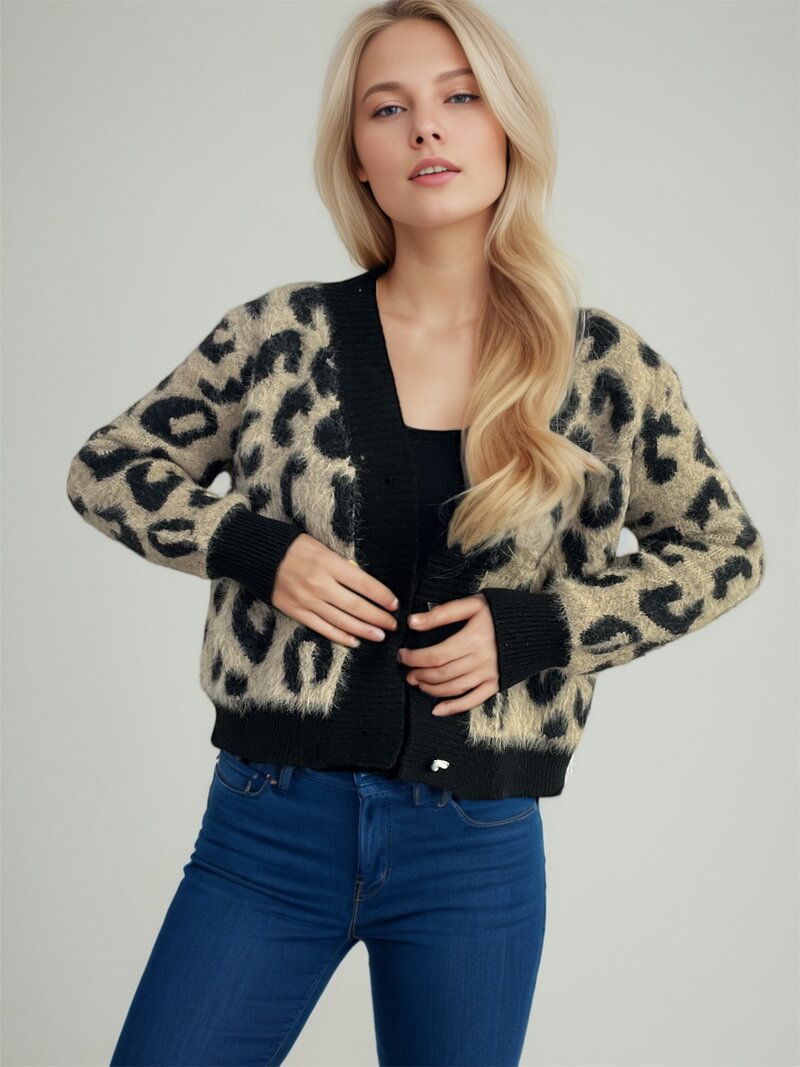 NURO Women's Leopard Print Cardigan - Short Open Front Sweater, Casual Long Sleeve Cover-Up