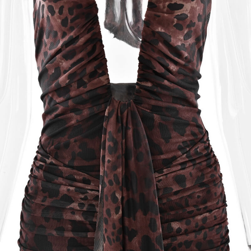 NURO Women's Leopard Print Deep V Halter Backless Bodycon Mini Dress