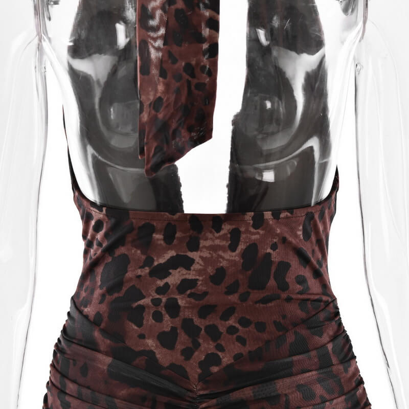 NURO Women's Leopard Print Deep V Halter Backless Bodycon Mini Dress