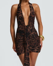 NURO Women's Leopard Print Deep V Halter Backless Bodycon Mini Dress
