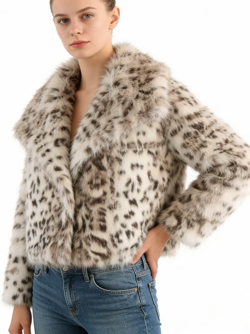 NURO Women's Leopard Print Faux Fur Jacket - Sexy Long Sleeve Coat