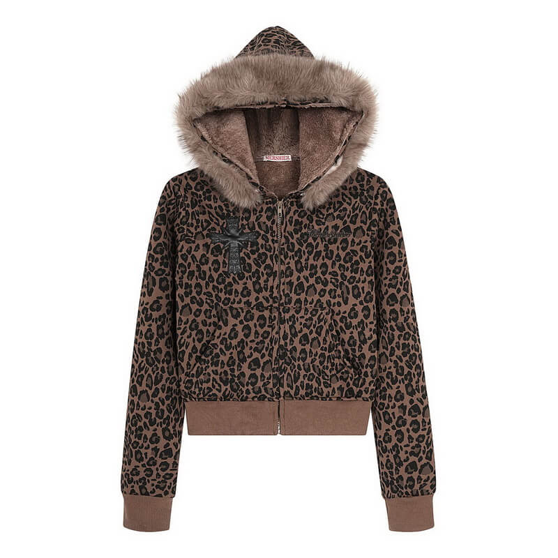 NURO Women's Leopard Print Hooded Puffer Jacket, Oversized Faux Fur Trim Winter Coat