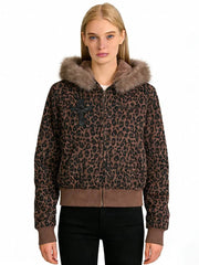 NURO Women's Leopard Print Hooded Puffer Jacket, Oversized Faux Fur Trim Winter Coat