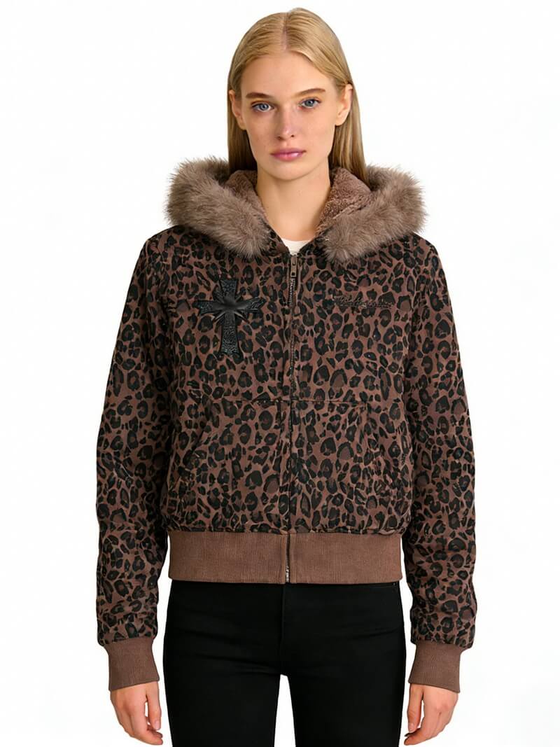 NURO Women's Leopard Print Hooded Puffer Jacket, Oversized Faux Fur Trim Winter Coat