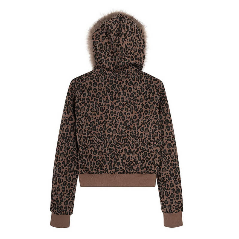 NURO Women's Leopard Print Hooded Puffer Jacket, Oversized Faux Fur Trim Winter Coat