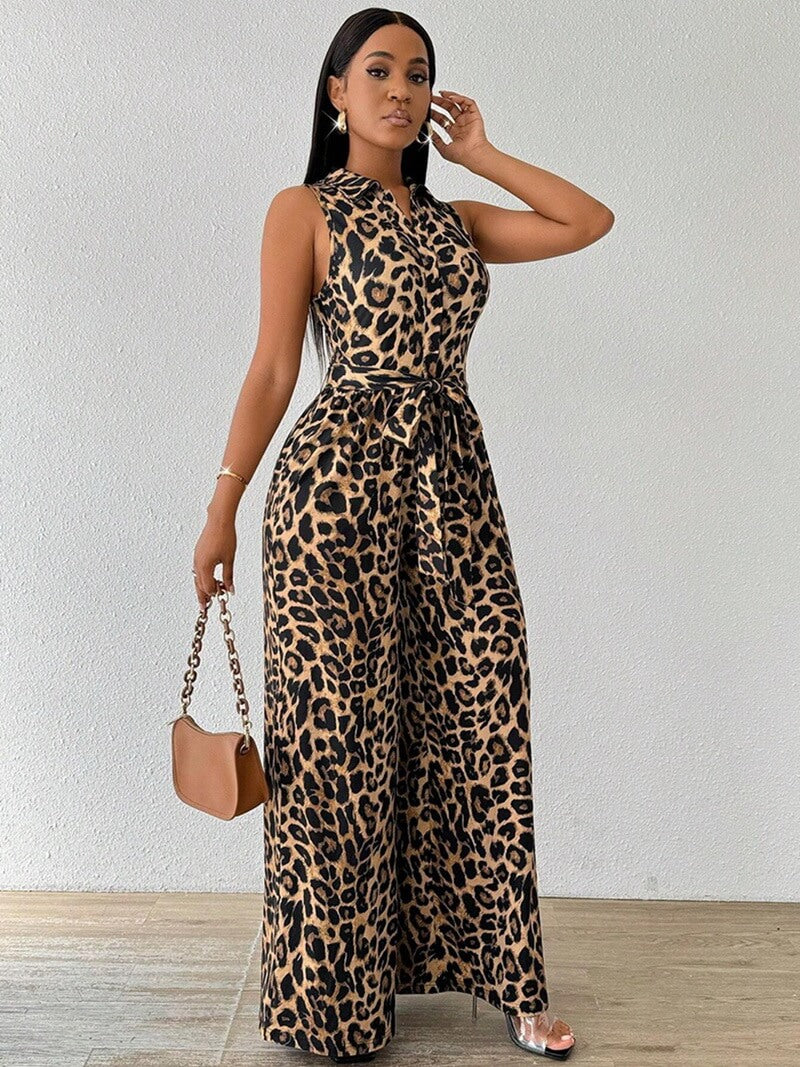 NURO Women's Leopard Print Jumpsuit, Sleeveless Wide Leg Romper