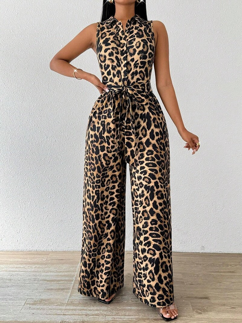 NURO Women's Leopard Print Jumpsuit, Sleeveless Wide Leg Romper