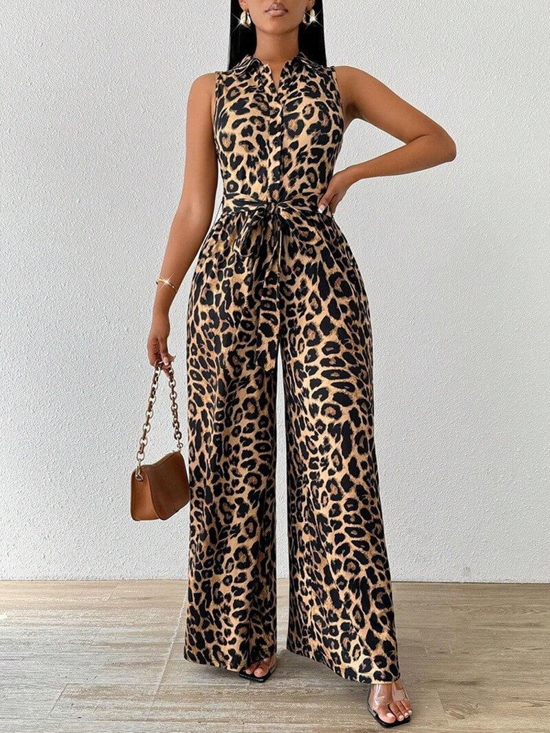 NURO Women's Leopard Print Jumpsuit, Sleeveless Wide Leg Romper