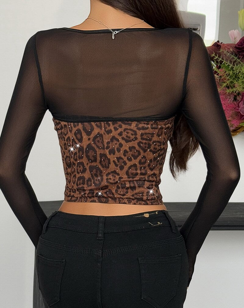 NURO Women's Leopard Print Mock Two-Layer Long Sleeve Corset Top